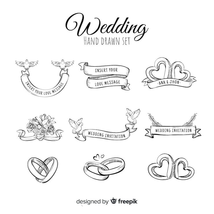 Vecteur gratuit pack d'ornements de mariage dessinés à la main
