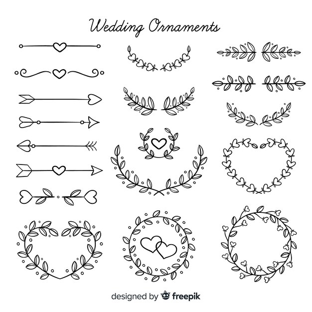 Pack d'ornements de mariage floral dessinés à la main