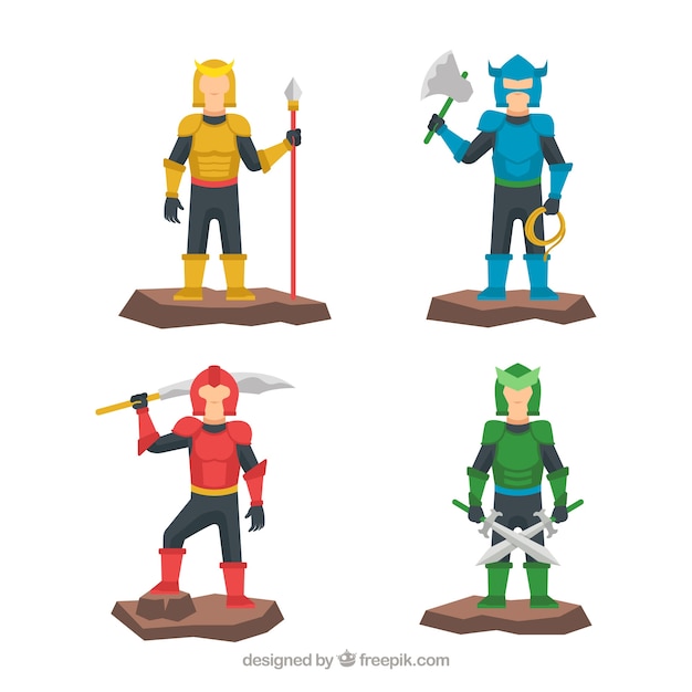 Vecteur gratuit pack de personnages avec une armure colorée