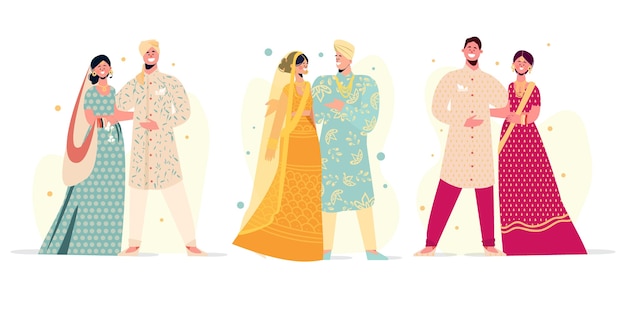 Vecteur gratuit pack de personnages de mariage indien