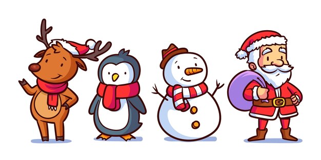 Pack de personnages de Noël dessinés à la main