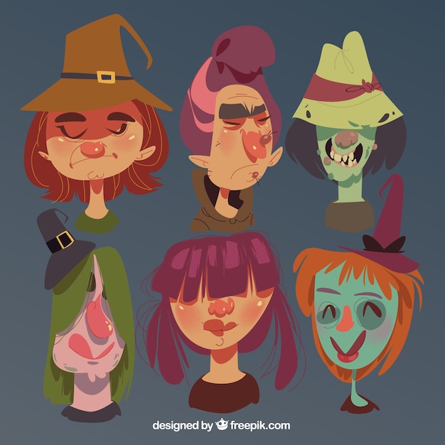 Vecteur gratuit pack de personnages de sorcières de halloween