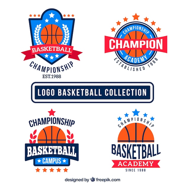 Vecteur gratuit pack plat de quatre logos de basket-ball de couleur