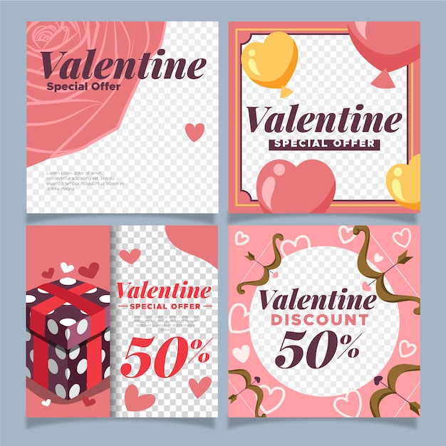 Vecteur gratuit pack post instagram pour la saint-valentin