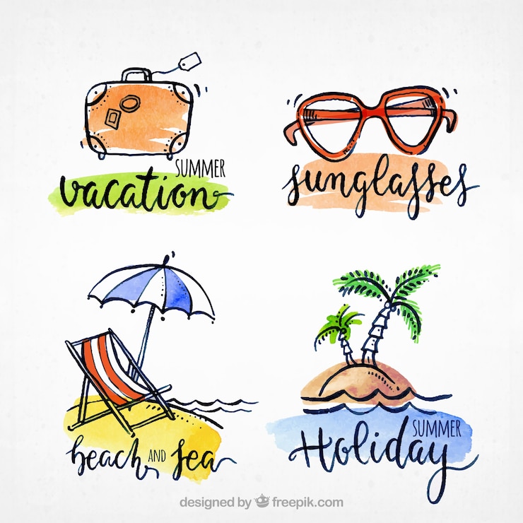 Vecteur gratuit pack de quatre autocollants d&#39;été en style aquarelle