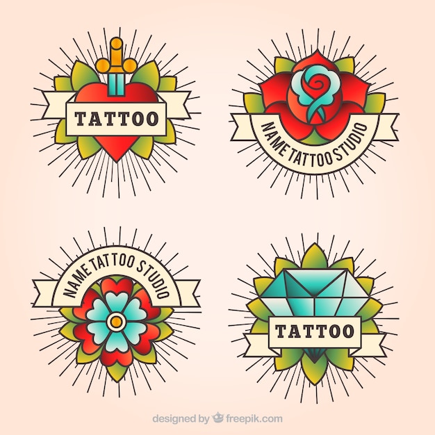 Vecteur gratuit pack de quatre tatouages ​​vintage en style linéaire