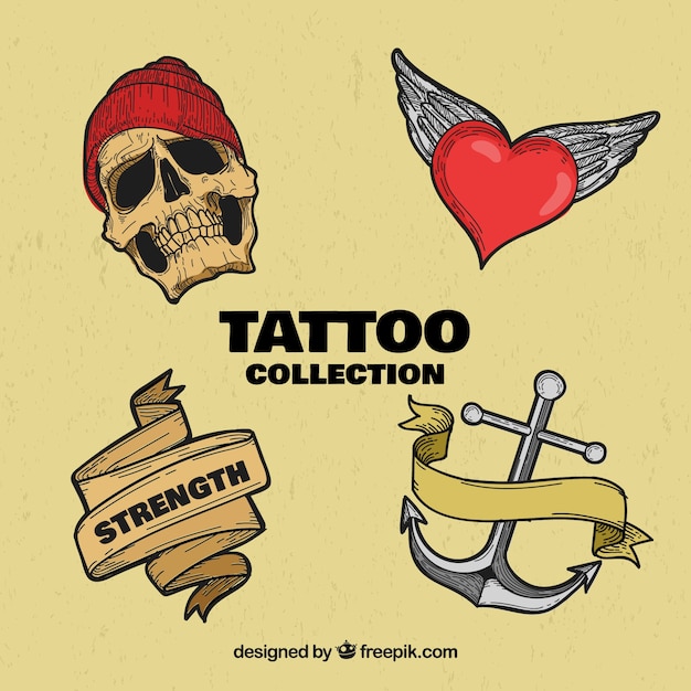 Vecteur gratuit pack rétro de tatouage dessiné à la main