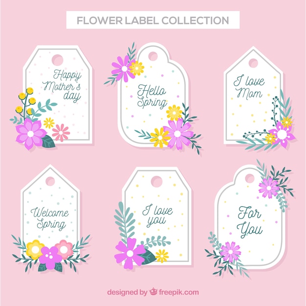 Vecteur gratuit pack de six étiquettes florales en forme plate