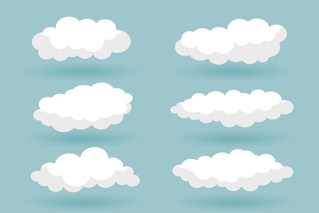 Vecteur gratuit pack de six icônes de nuages moelleux pour la météo du ciel