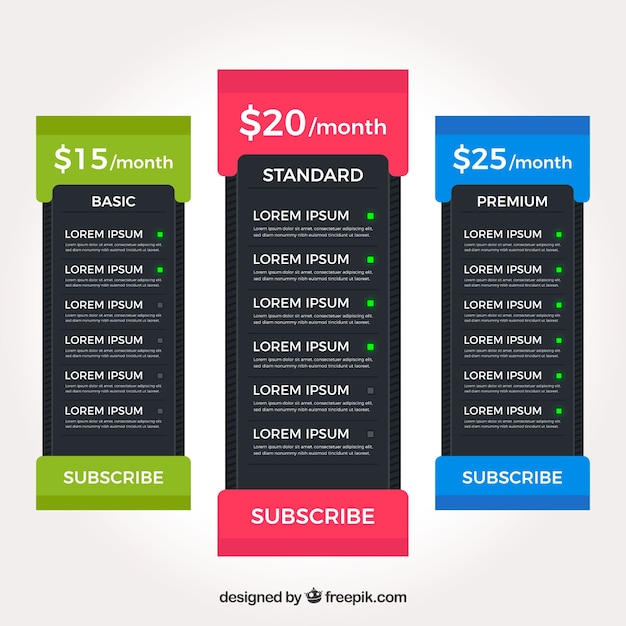 Vecteur gratuit pack de table de tarification