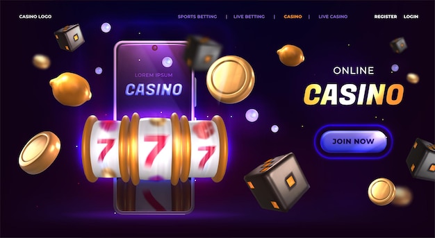 Vecteur gratuit page d'atterrissage du casino en ligne bannière avec machine à sous jackpot smartphone au néon et pièces d'or volantes