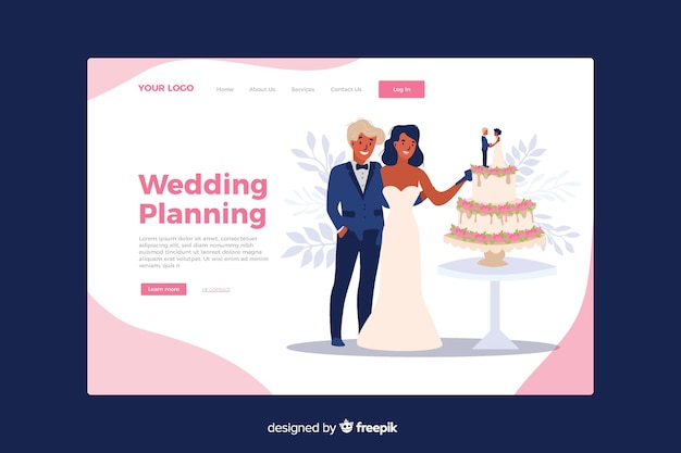 Vecteur gratuit page d'atterrissage de mariage avec modèle de couple illustré