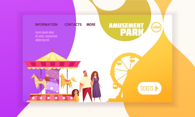 Page d'atterrissage de parc d'attractions avec famille près de carrousel et grande roue cartoon illustration