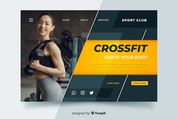 Vecteur gratuit page d'atterrissage de promotion de gymnase avec photo