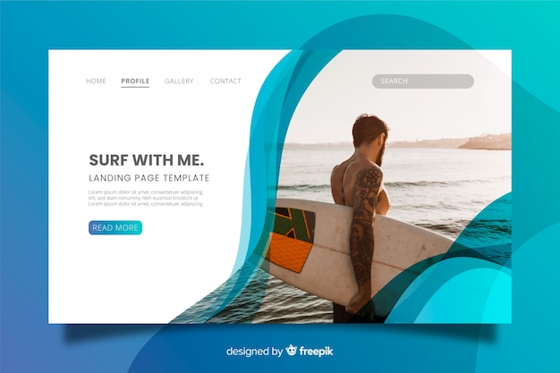 Vecteur gratuit page d'atterrissage de sport de surf avec photo
