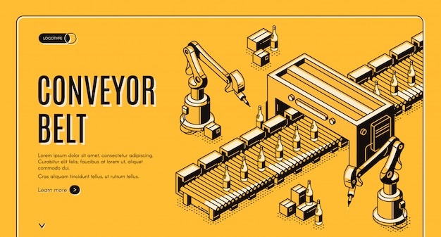 Page de destination de la bande transporteuse d'usine. Bras robotiques.