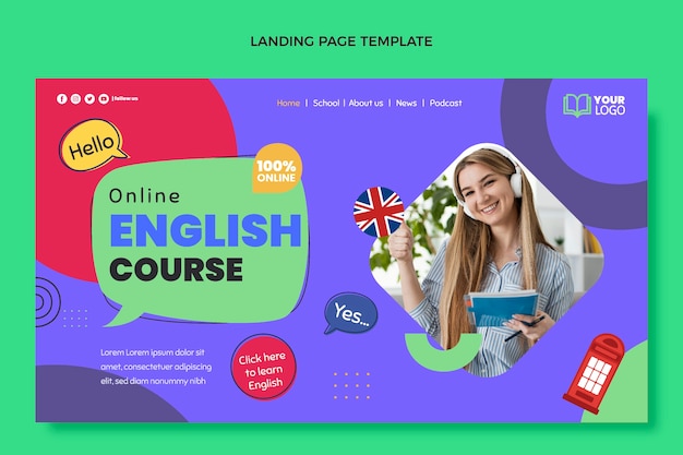 Vecteur gratuit page de destination des cours d'anglais design plat