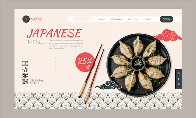 Page de destination de la cuisine japonaise au design plat