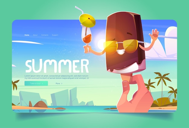 Page de destination de dessin animé de crème glacée d'été, main tenant un personnage de popsicle drôle portant des lunettes de soleil et buvant un cocktail, esquimau avec un visage kawaii exprimant des émotions, fondant à la chaleur, bannière web vectorielle