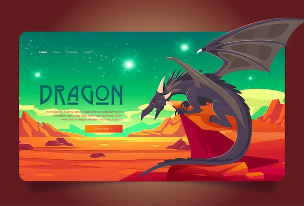 Page de destination de dessin animé de dragon. Personnage puissant magique assis sur un rocher dans un paysage de planète extraterrestre déserte avec des montagnes rouges et un ciel vert. Créature fantastique, jeu de conte de fées ou livre, bannière Web vectorielle