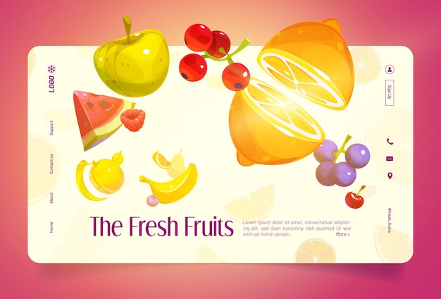 Vecteur gratuit page de destination de dessin animé de fruits frais alimentation saine