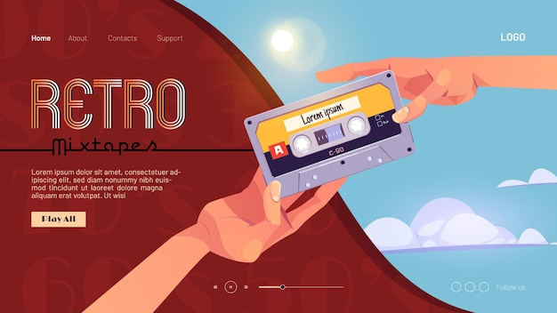 Page De Destination De Dessin Animé De Mixtapes Rétro Avec Des Mains Humaines Se Donnant Des Cassettes Audio