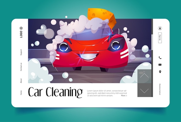 Page De Destination De Dessin Animé De Nettoyage De Voiture. Caractère Automobile Heureux Avec Un Visage Souriant Se Lavant Avec De La Mousse De Savon Et Une éponge Sur La Station De Lavage De Voiture. Service De Transport Urbain Pour Véhicules, Bannière Web Vectorielle