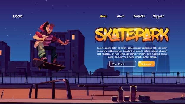 Page de destination de dessin animé de skatepark
