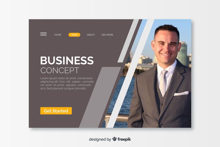 Vecteur gratuit page de destination du concept d'entreprise avec photo