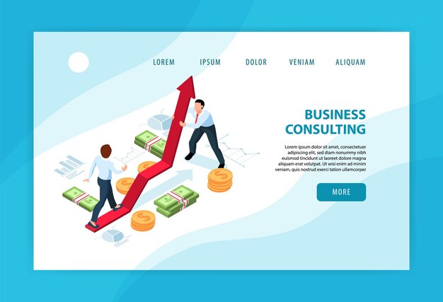Page de destination du concept isométrique horizontal avec deux hommes d'affaires se consultant et s'entraidant 3d