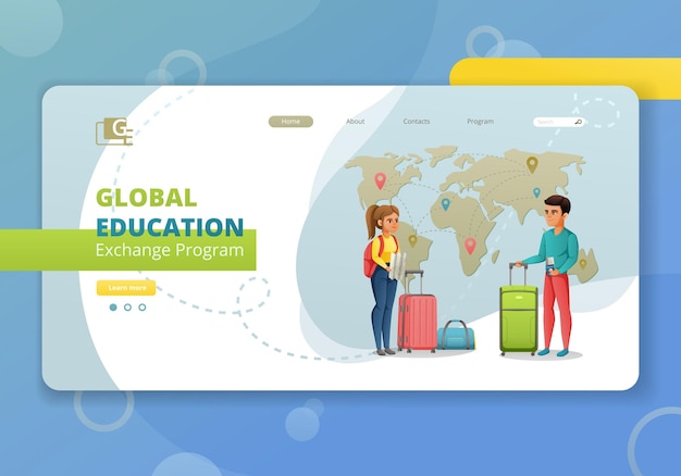 Vecteur gratuit page de destination du site web de dessin animé d'échange d'étudiants de l'éducation mondiale avec la carte du monde de personnages humains et l'illustration vectorielle de liens