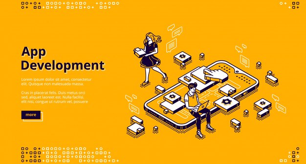 Page de destination isométrique de développement d'applications mobiles