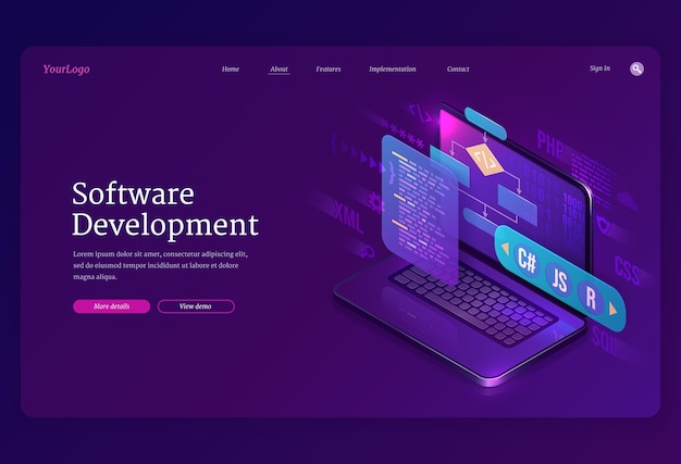 Page de destination isométrique de développement logiciel. Plateforme de codage de site Web ou de programme, interface de langages de programmation d'algorithme sur écran d'ordinateur, processus technologique, bannière 3d de création d'application