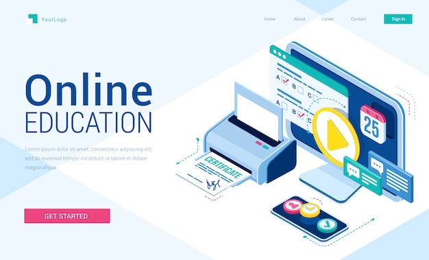 Page de destination isométrique de l'éducation en ligne avec l'équipement des étudiants pour étudier via Internet