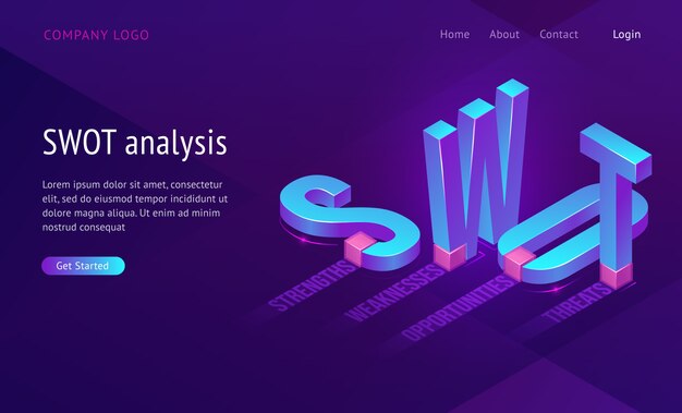 Page de destination isométrique Swot avec abréviation des mots Analyse, Forces, Faiblesses, Opportunités, Menaces. Concept d'entreprise, lettres 3d debout et couché sur fond violet, bannière web