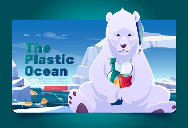 Page de destination de l'océan en plastique avec ours polaire, joint