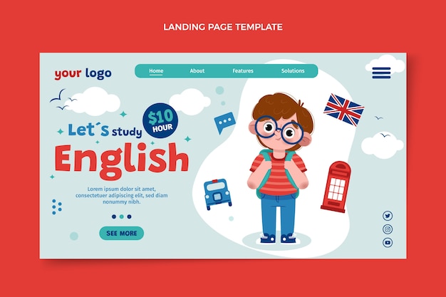 Vecteur gratuit page de destination plate pour les cours d'anglais