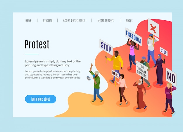 Vecteur gratuit page de destination de protestation politique avec texte et informations visuelles sur le motif de la manifestation des personnes et la grève isométrique