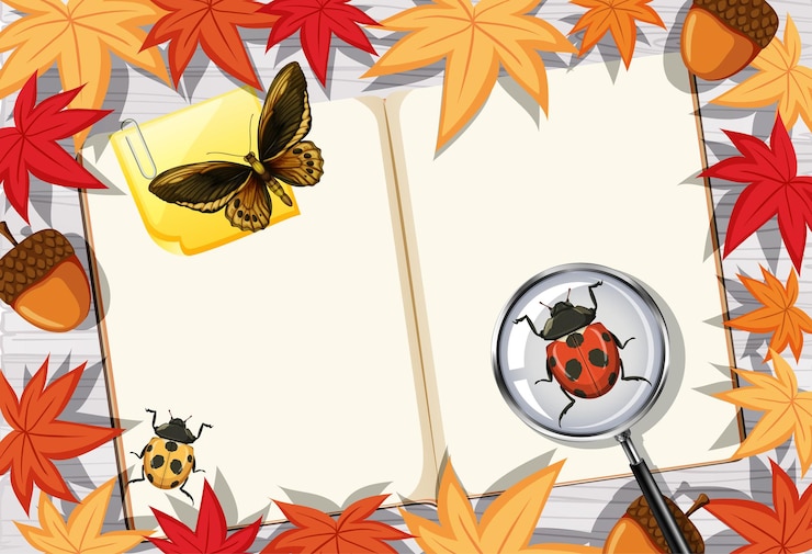 Vecteur gratuit page de livre blanc sur la vue de dessus de table de travail de bureau avec des éléments de feuilles et d'insectes
