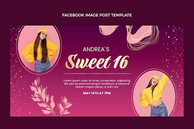 Vecteur gratuit paillettes d'or réalistes sweet 16 post facebook