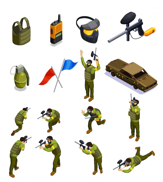 Vecteur gratuit paintball isometric elements set