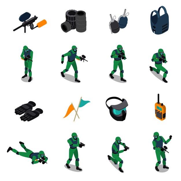 Paintball Isometric Icons Set