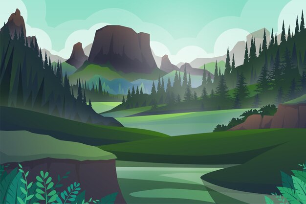 Paisible colline et forêt arbre et montagnes rock, beau paysage, aventure en plein air sur vert et silhouette, illustration