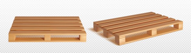 Palette en bois pour le transport et le stockage de marchandises illustration vectorielle réaliste 3d ensemble de plateau avec texture en bois sous différents angles équipement standard pour le chargement et la livraison des colis