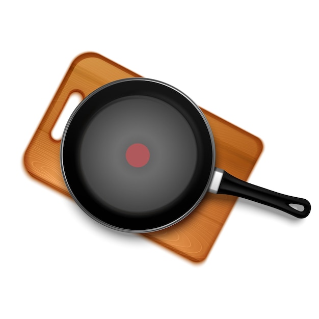 Vecteur gratuit pan en téflon avec indicateur rouge sur planche de bois vue de dessus isolée