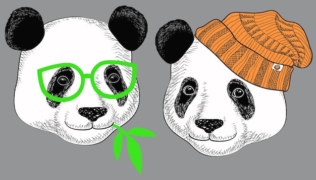 Vecteur gratuit panda en bonnets tricotés et en lunettes