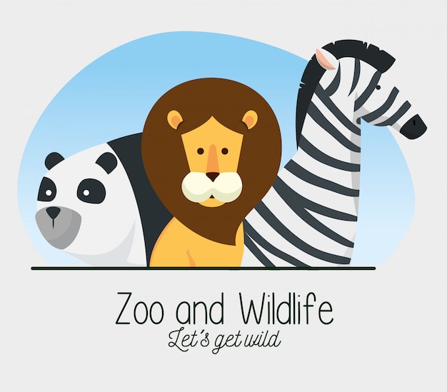 Vecteur gratuit panda avec lion et zèbre réserve d'animaux sauvages