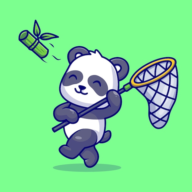 Vecteur gratuit panda mignon attrapant du bambou avec illustration d'icône de vecteur de dessin animé de filet de pêche. nature animale isolée