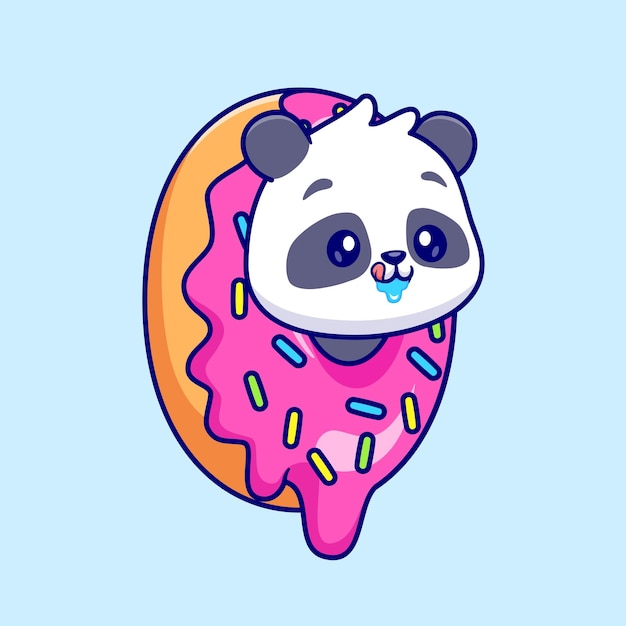 Panda Mignon Dans L'illustration D'icône De Vecteur De Dessin Animé De Donut. Concept D'icône De Nourriture Animale Isolé Plat