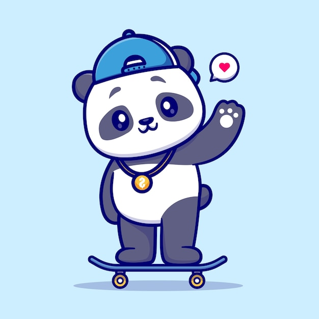 Vecteur gratuit panda mignon jouant à la planche à roulettes cartoon vector icon illustration concept d'icône de sport animal isolé